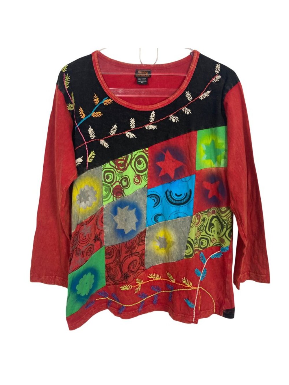 Rising International Patchwork Embroidered Top XL Nepal Hippie Boho Colorful